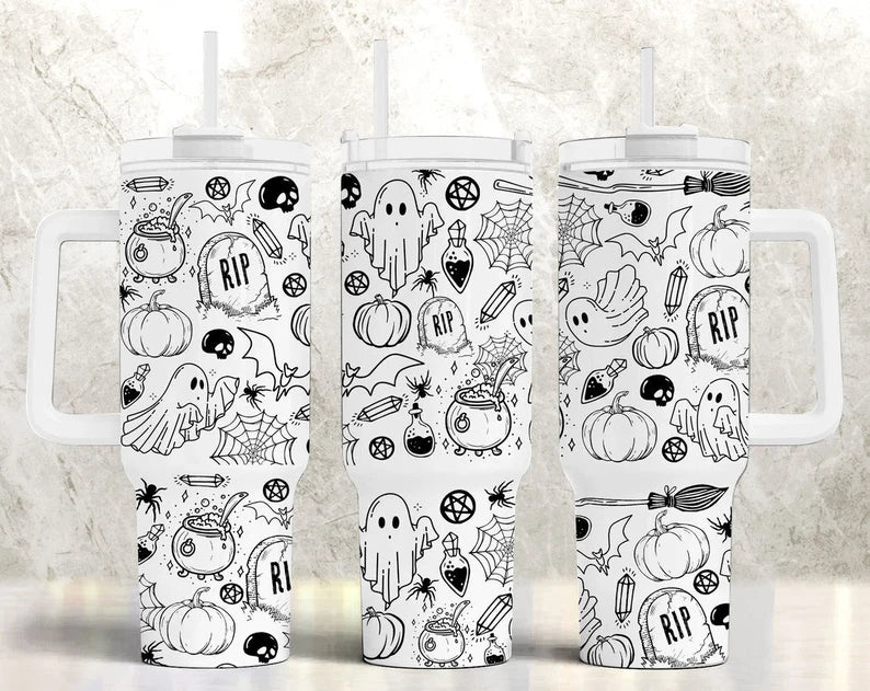 40oz “spooky doodles” quencher handled tumbler