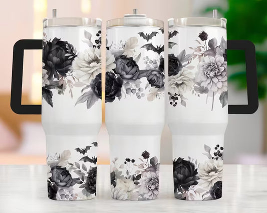 40oz “bats and roses” quencher handled tumbler